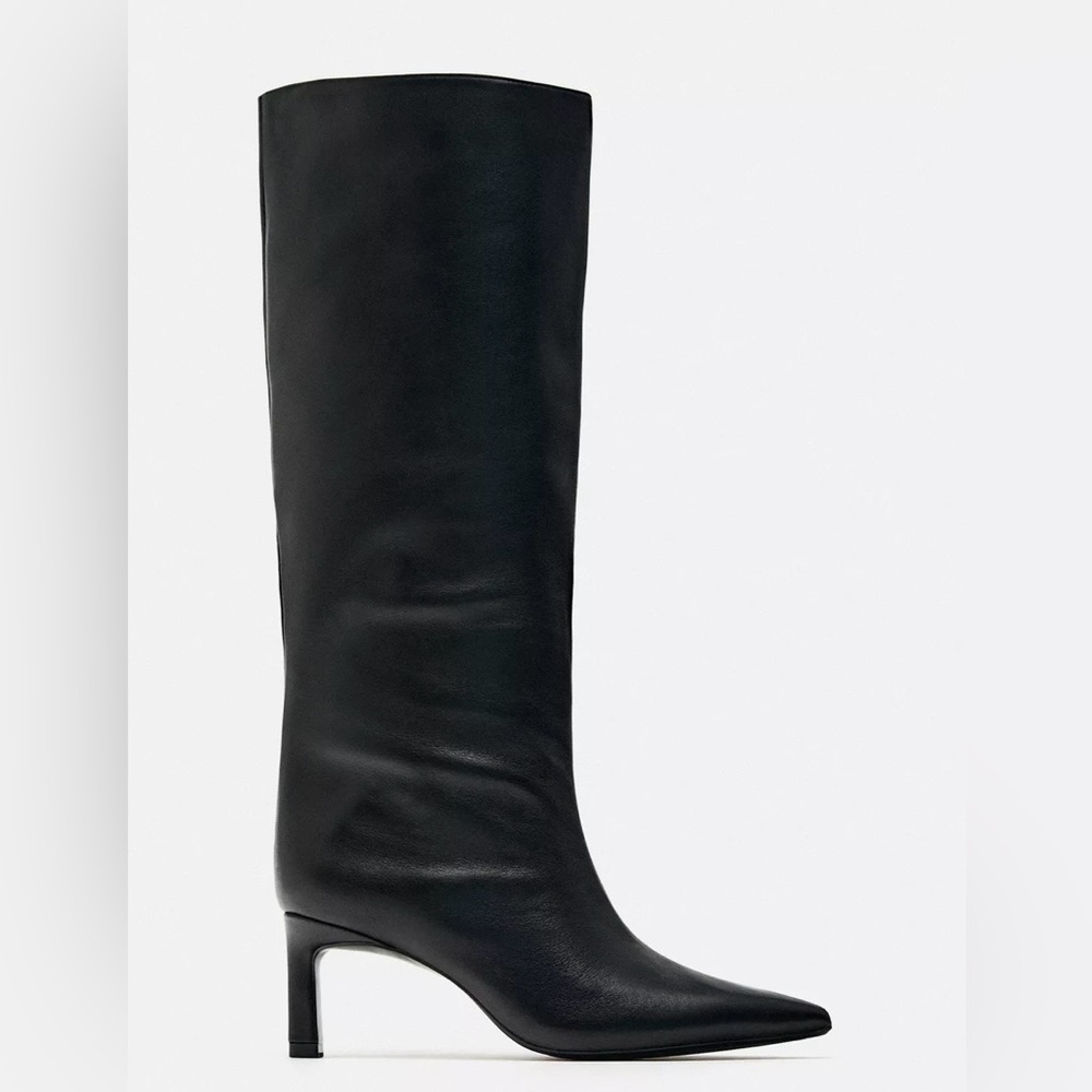 Zara knee high heeled leather black boots size 7.5
